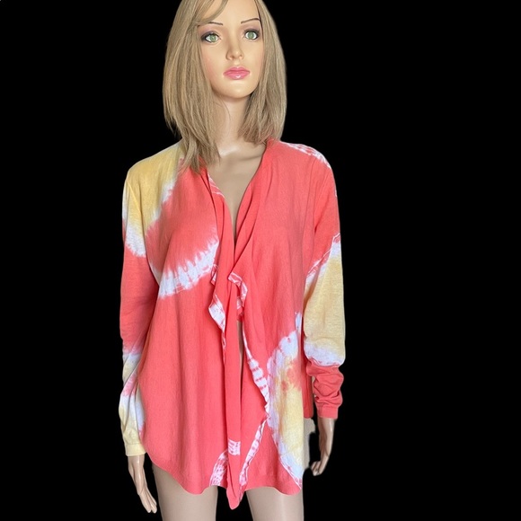 Lafayette 148 New York open front cardigan orange/white/yellow blouse size M - Picture 3 of 9